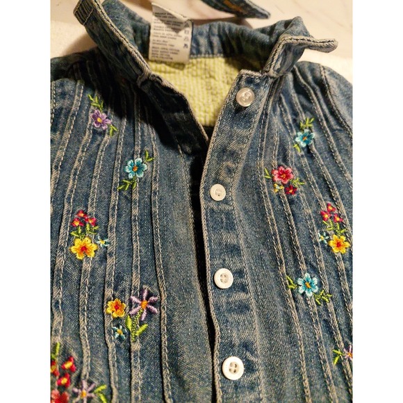 vintage OshKosh B'gosh denim dress with embroidered flowers and ruffled hem 12m - Picture 5 of 11